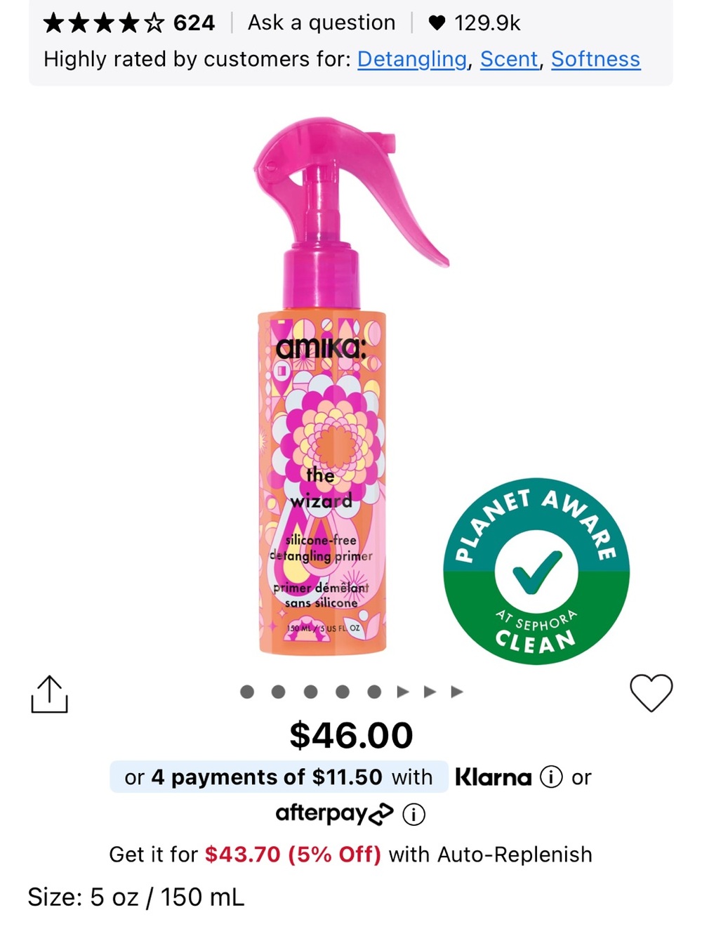 amika The Wizard Silicone-Free Detangling Primer — Pink & Orange Floral Bottle
